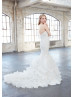 Strapless Beaded Ivory Lace Organza Ruffle Princess Wedding Dress